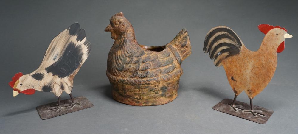 POTTERY HEN-FORM BASKET AND PAIR