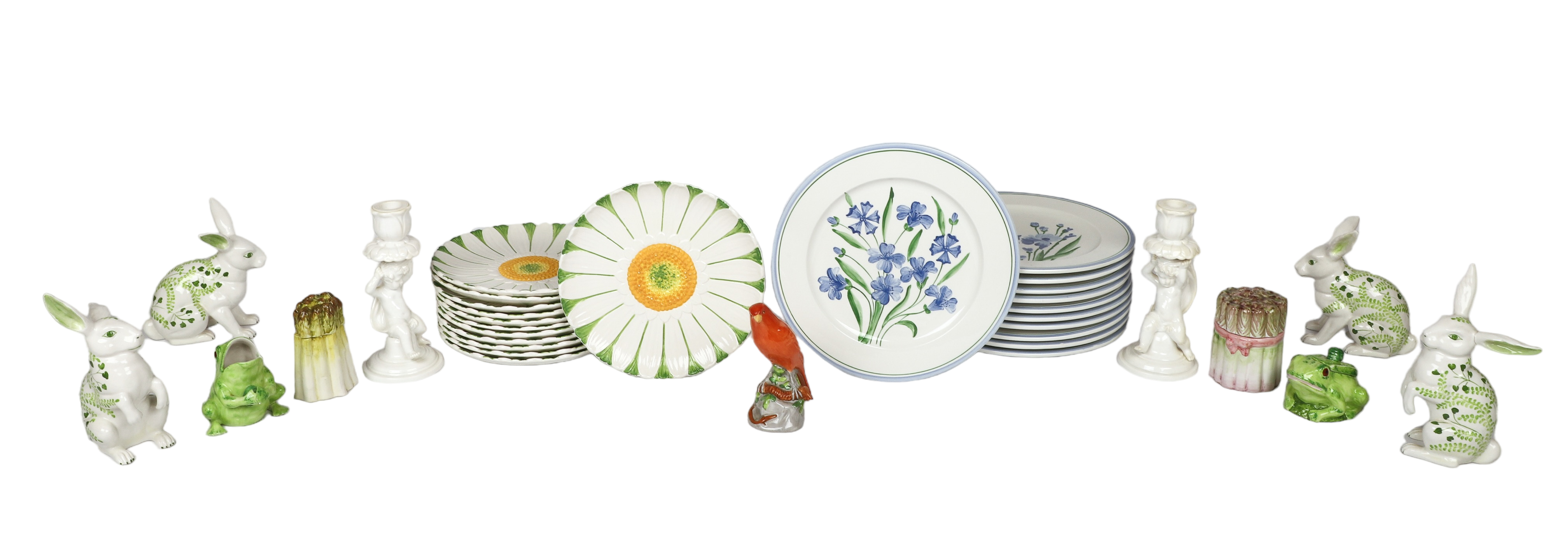 Pottery plates, figures and table
