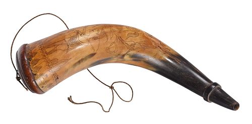 POWDER HORN WITH CARVING OF
