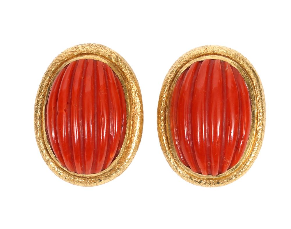 PR. 18K YG & CARVED RED CORAL