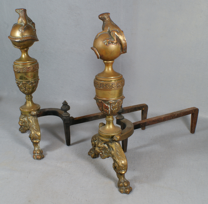 Pr 19th c brass andirons, lizards
