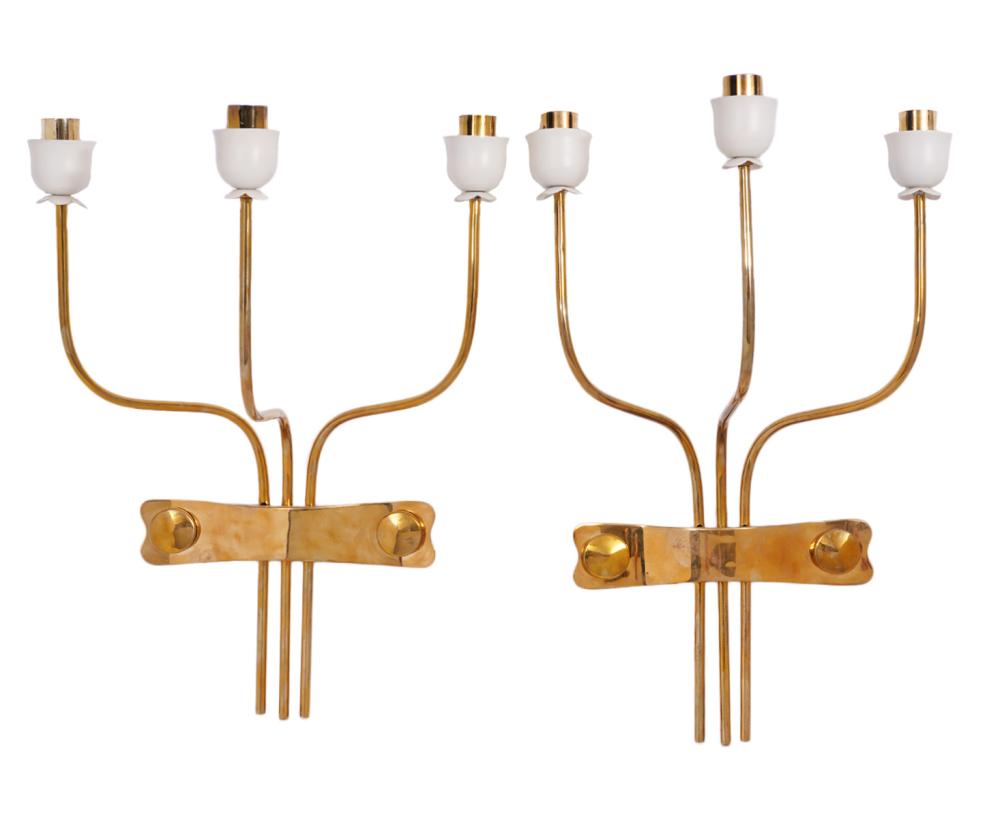 PR. 3 ARM BRASS SCONCES W/ WHITE