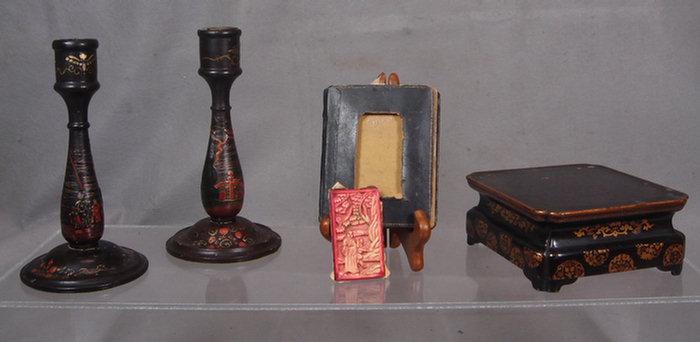Pr black lacquered candlesticks,