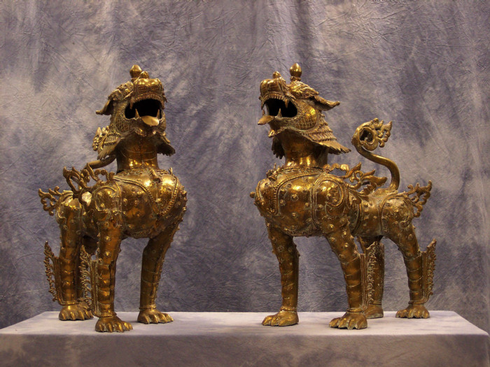 Pr brass foo dogs, 24" l, 20" h  