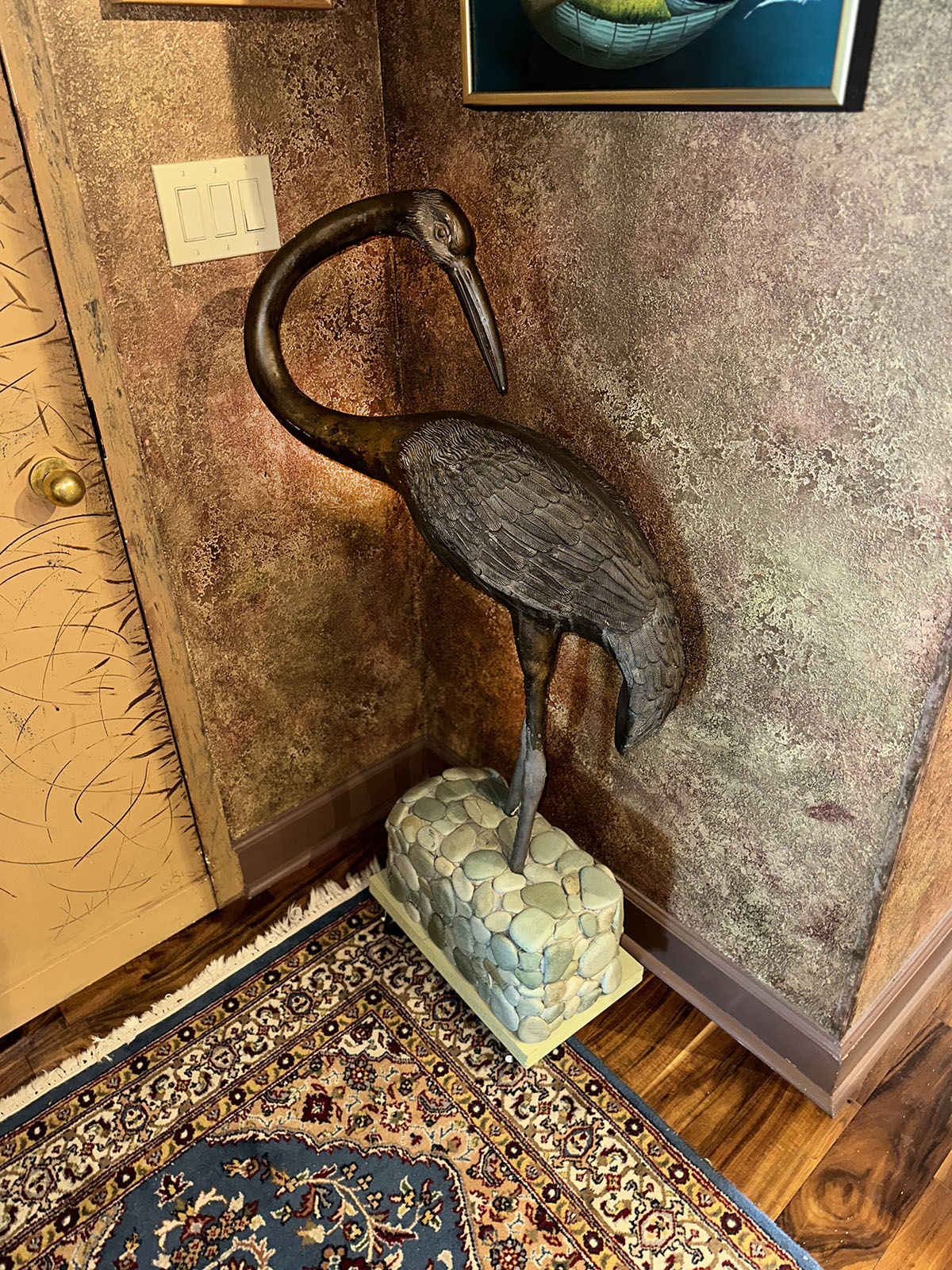 PR. BRONZE CRANES ON PEBBLE STANDS: