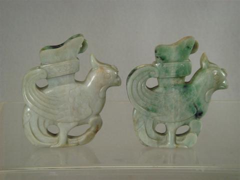 Pr carved green jade birds, 4" h, 3