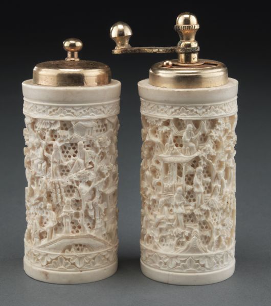 Pr. Carved ivory salt and pepper