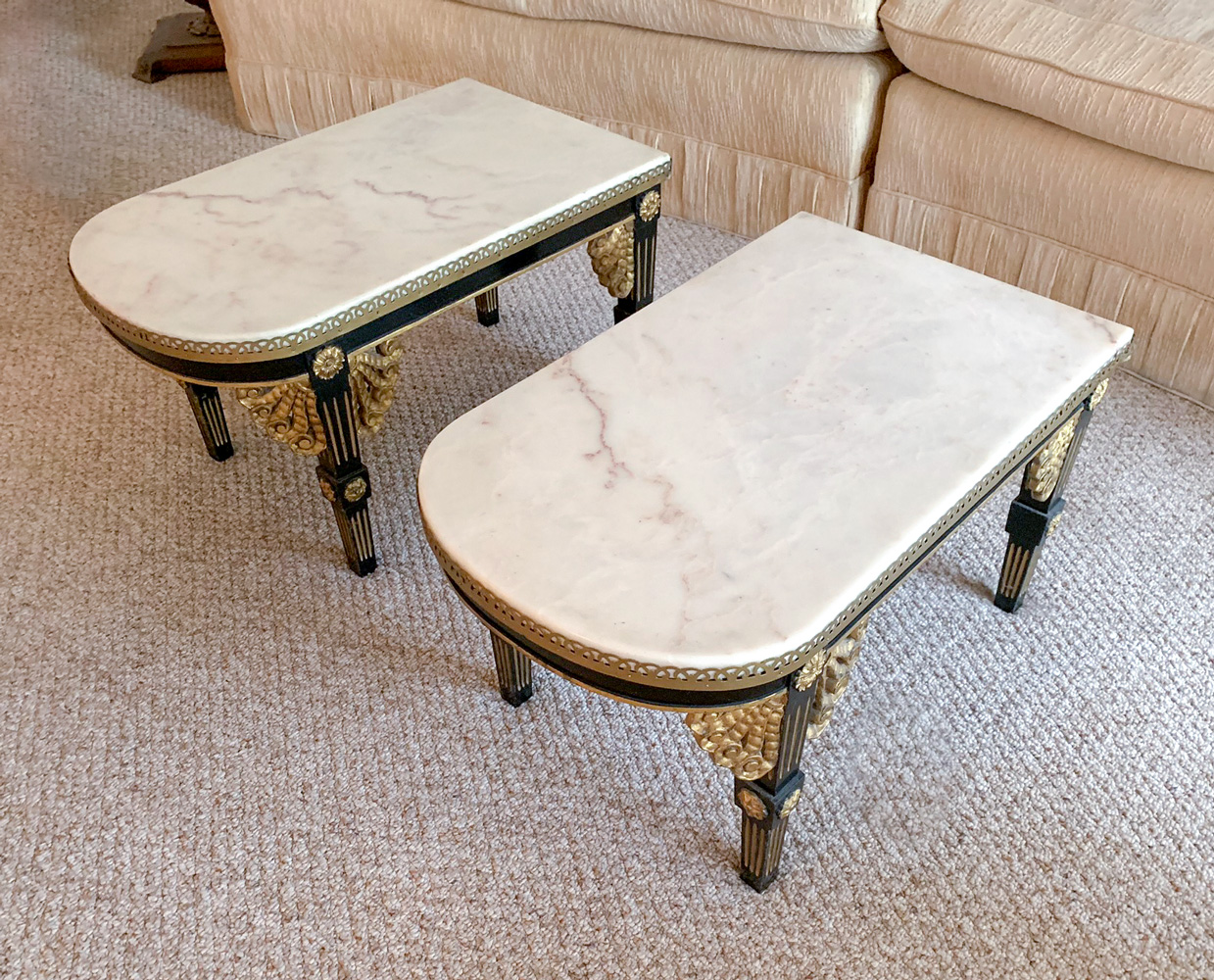 PR CARVED MARBLE TOP END TABLES: