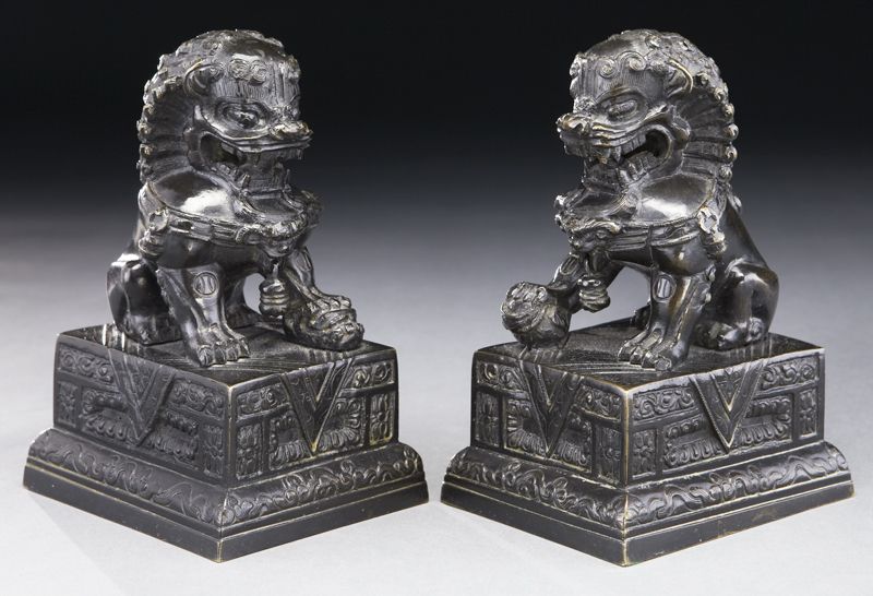 Pr. Chinese bronze foo dogs.6.75''H