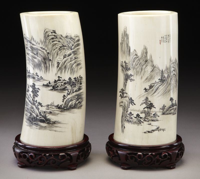 Pr. Chinese carved ivory brush pots