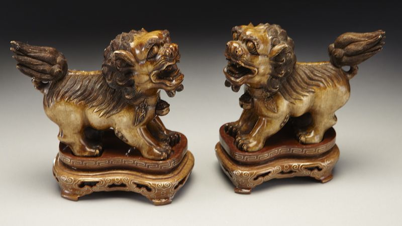 Pr. Chinese carved ivory foo dogs