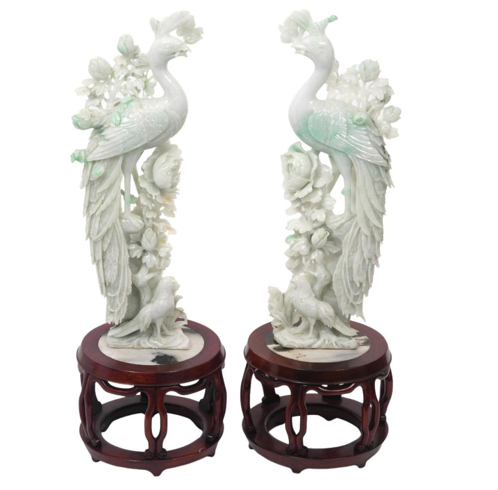 PR. CHINESE CARVED JADE PEACOCKS ON