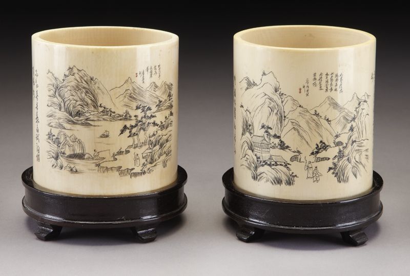 Pr. Chinese etched ivory brush pots