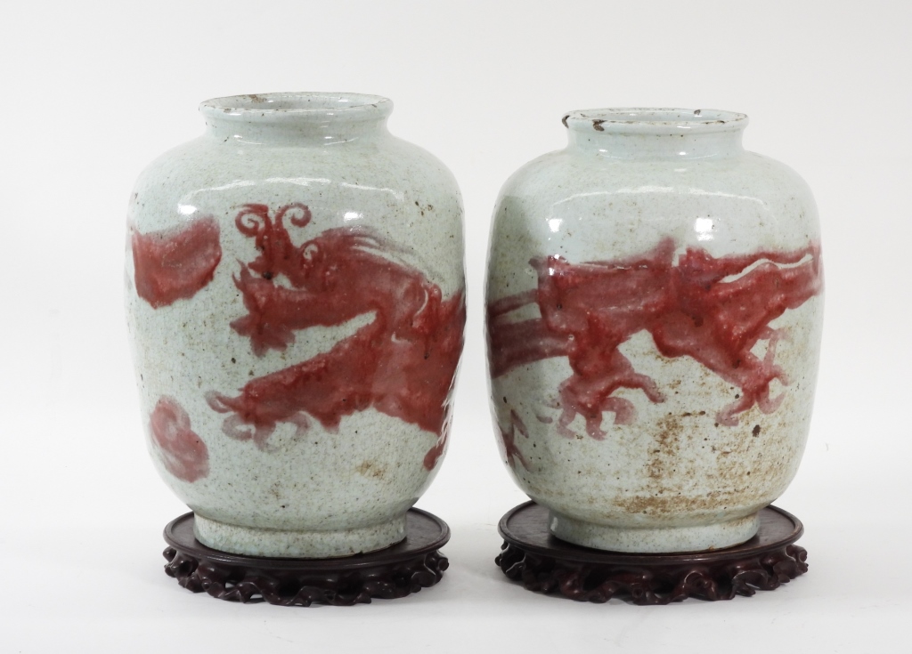 PR CHINESE RED DRAGON CERAMIC VASES
