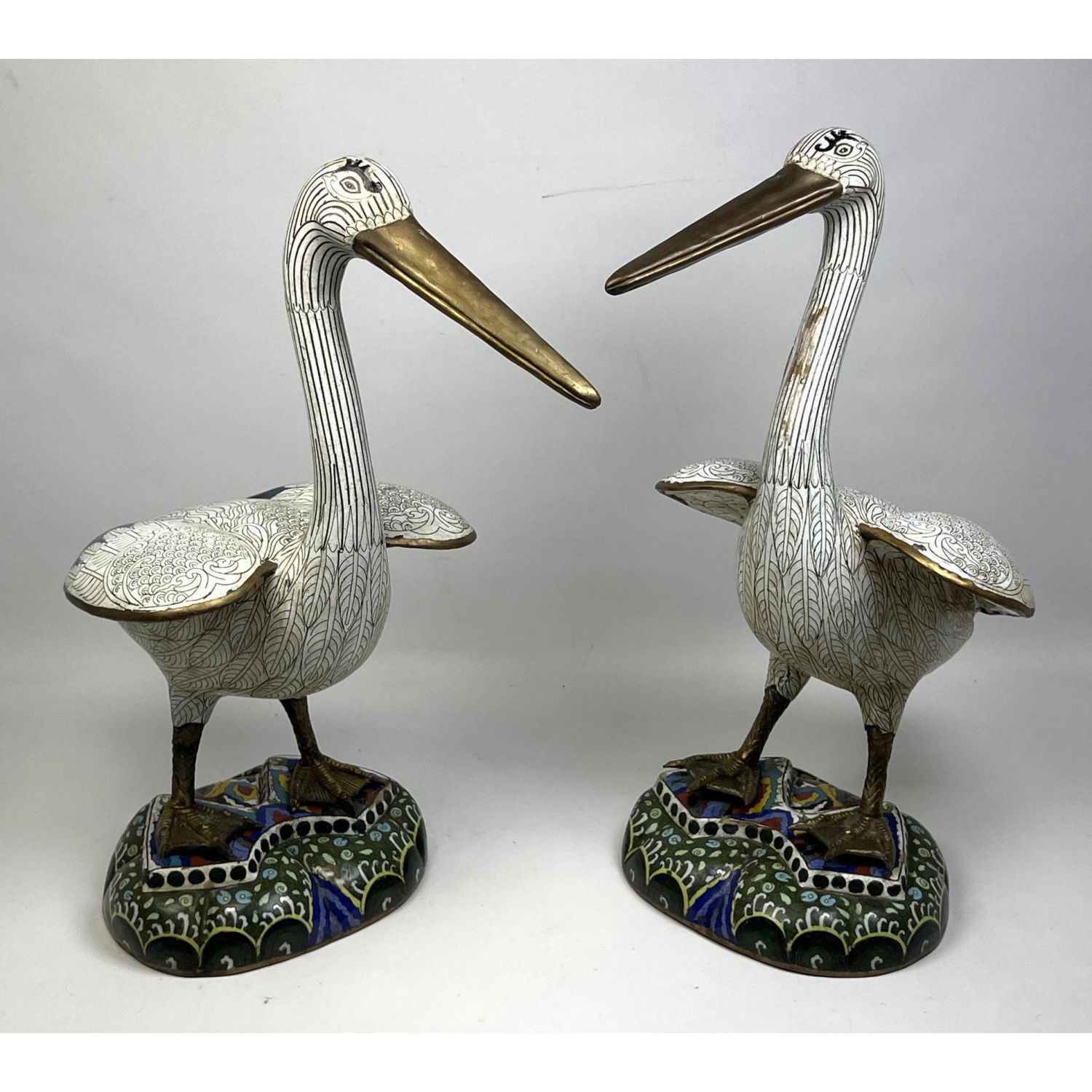 Pr Cloisonne Enamel Brass Egrets