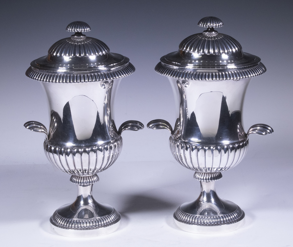 PR DUTCH SILVER LIDDED URNS Pair of
