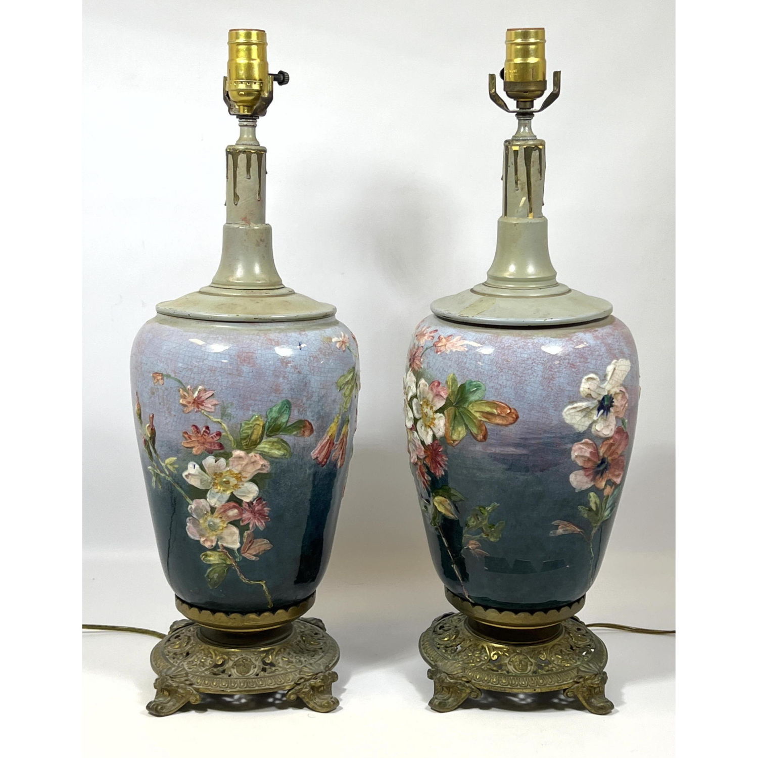 Pr Glazed Pottery Table Lamps. Hand