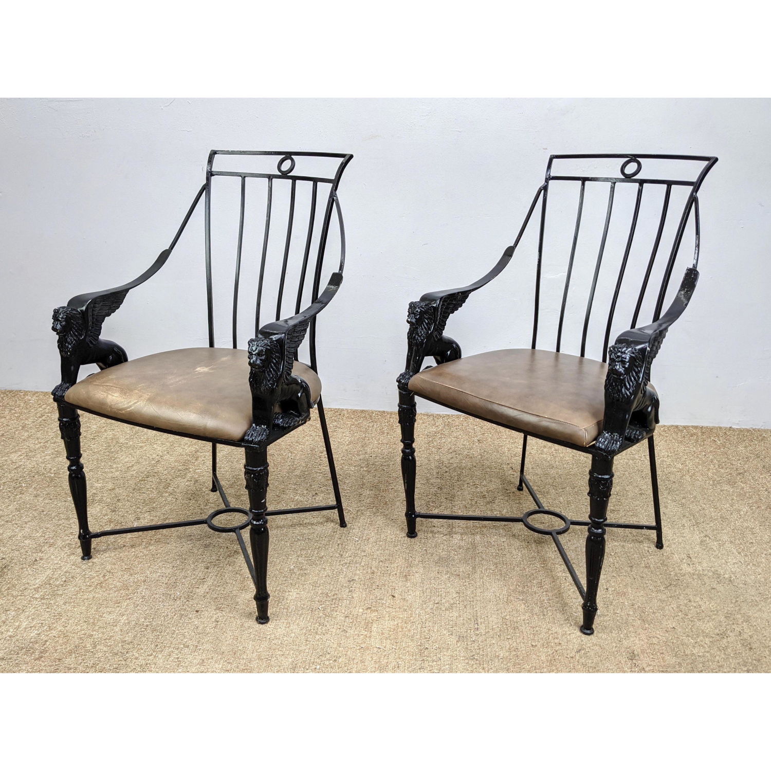 Pr Metal Winged Lion Arm Chairs.