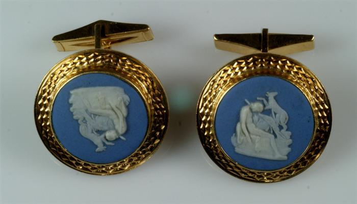 Pr of 14K YG & Wedgwood blue jasper