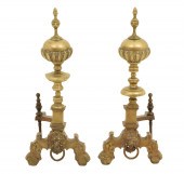 PR. OF BRASS ANDIRONS W/ CLASS