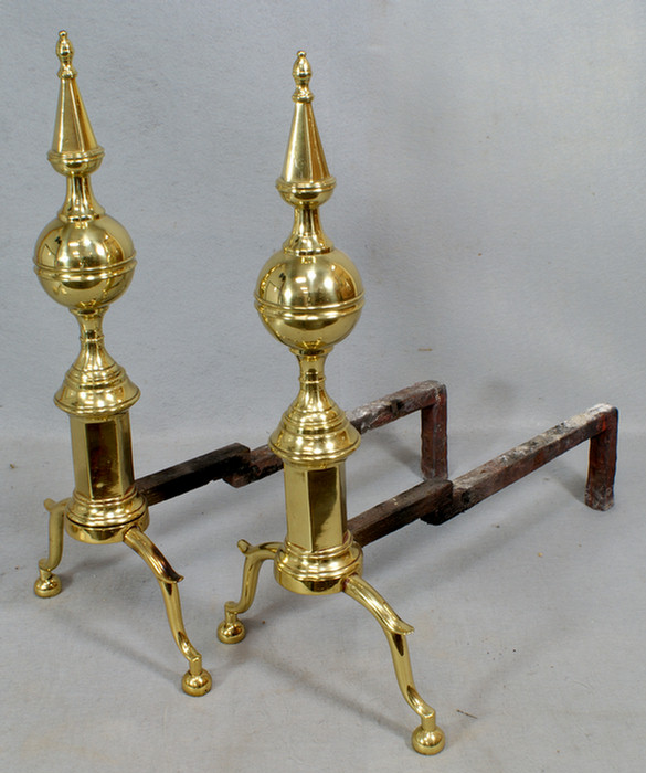 Pr of early brass andirons, 21"