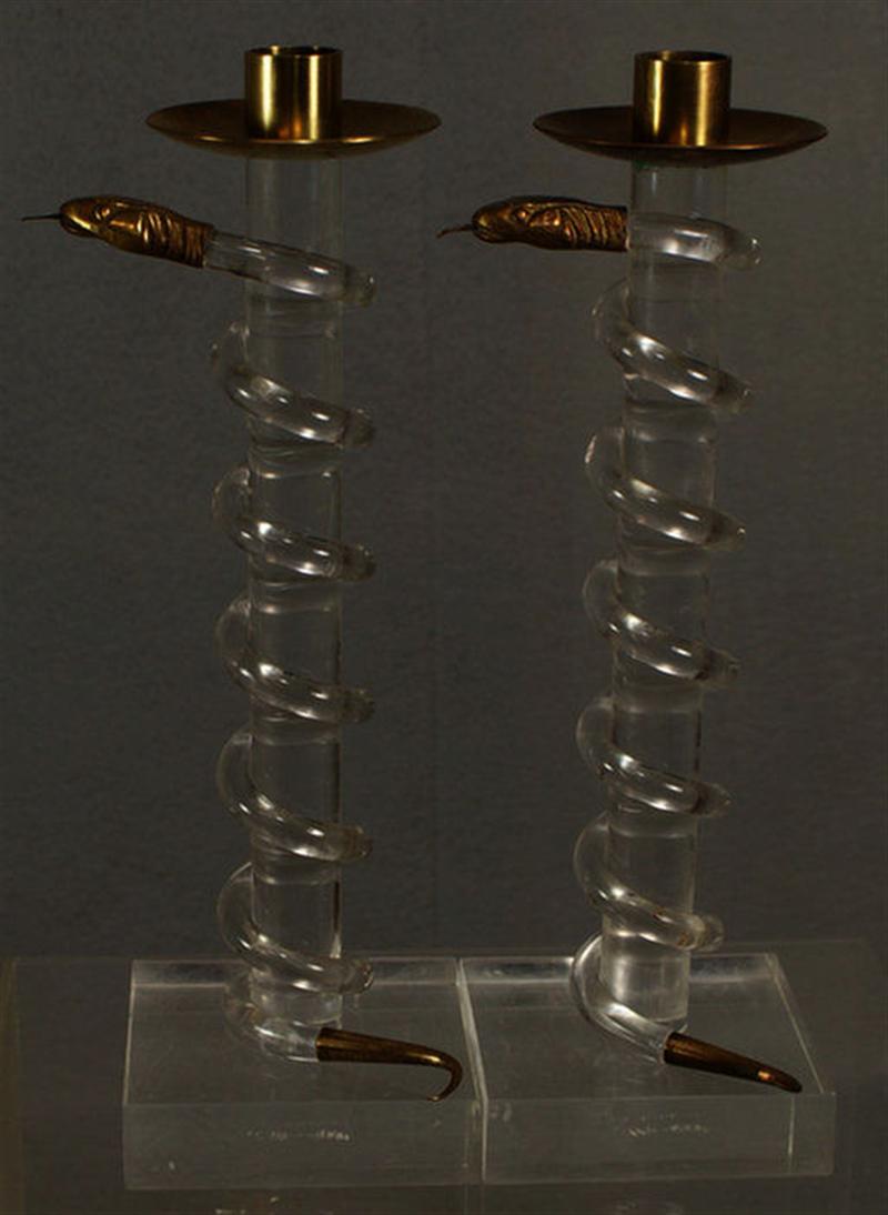 Pr of  lucite and bronze serpent