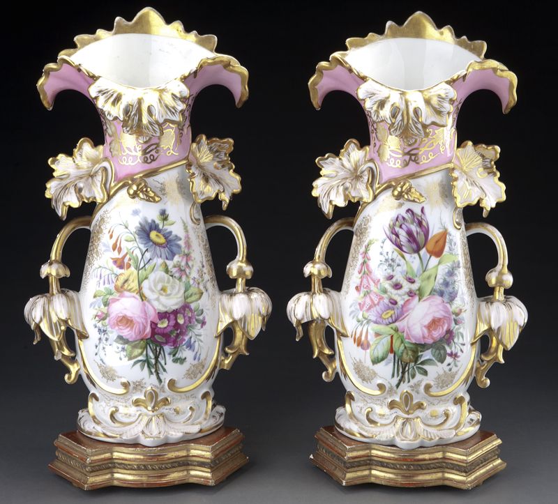 Pr. Old Paris flare vases on stands