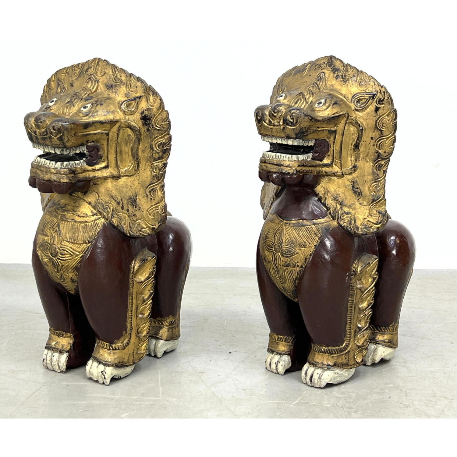 Pr Polychrome Carved Wood Figural