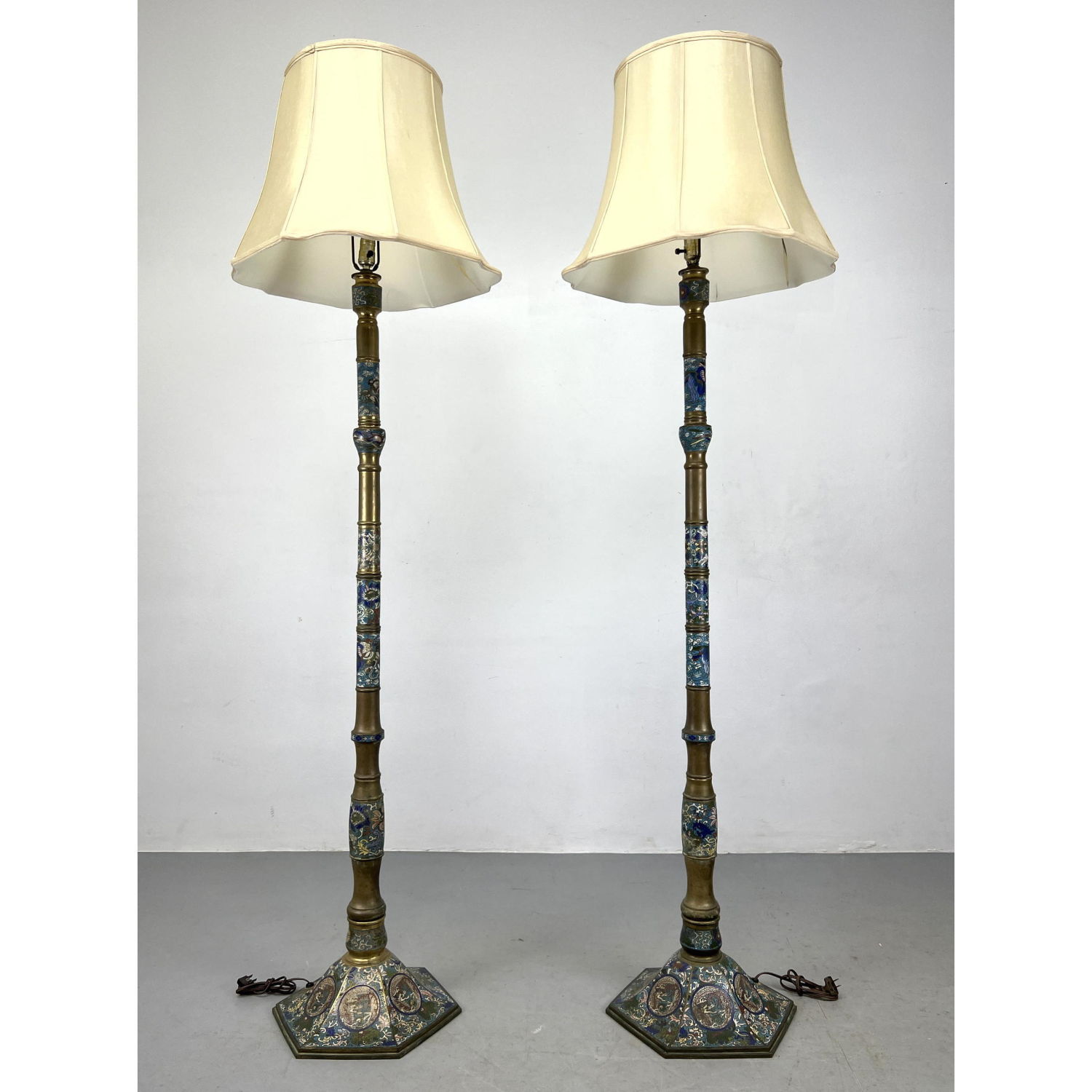 Pr Tall Champleve Cloisonne Brass