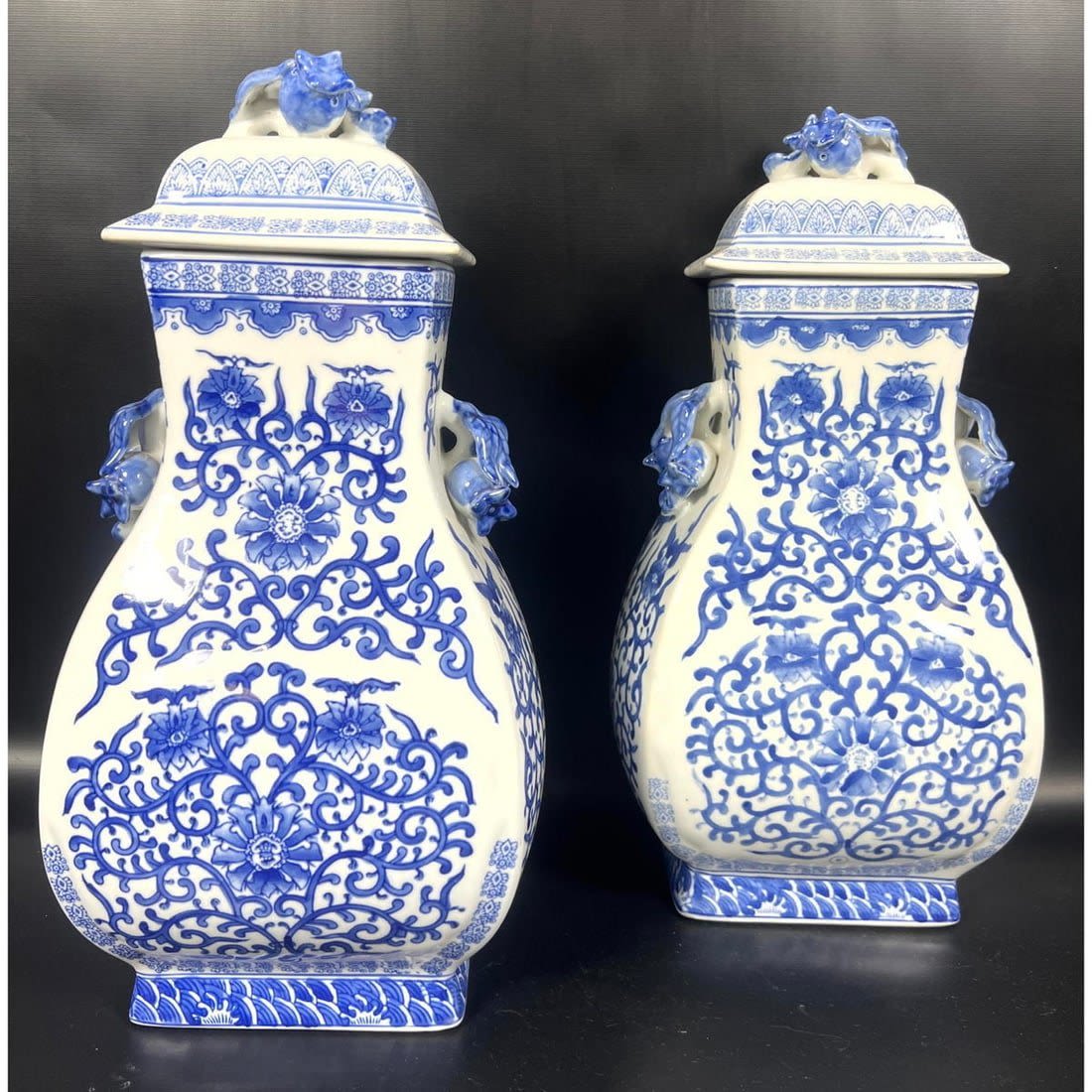 Pr Tall Chinese Lidded Jars. Blue