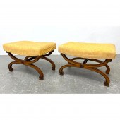 Pr Wood Frame Upholstered Stoo