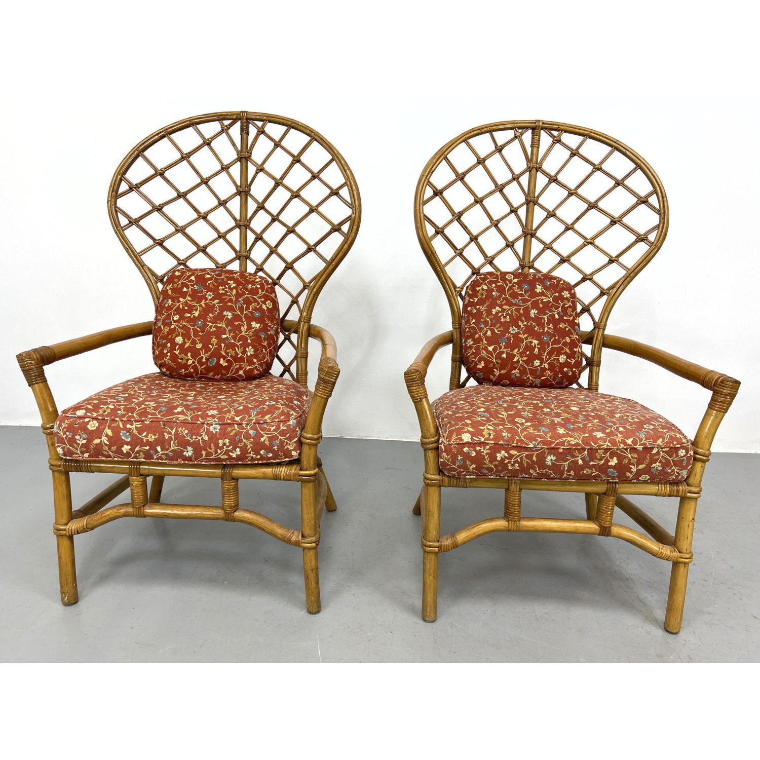 Pr Woven Rattan Arm Chairs. Tall