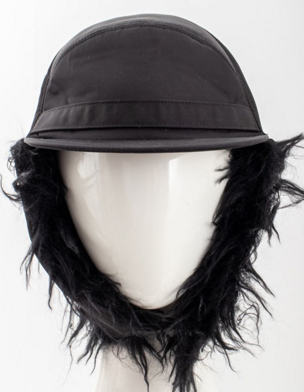 PRADA BLACK NYLON & FAUX-FUR HAT