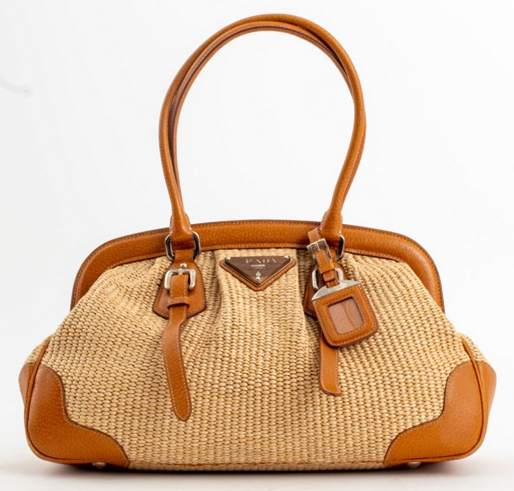 PRADA RAFFIA & LEATHER SHOULDER BAG