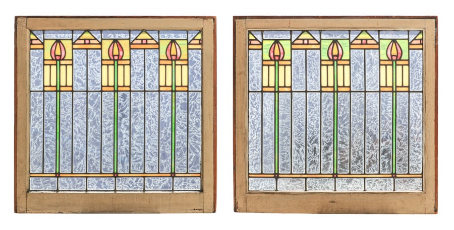 PRAIRIE SCHOOL PAIR LEADED GLASS