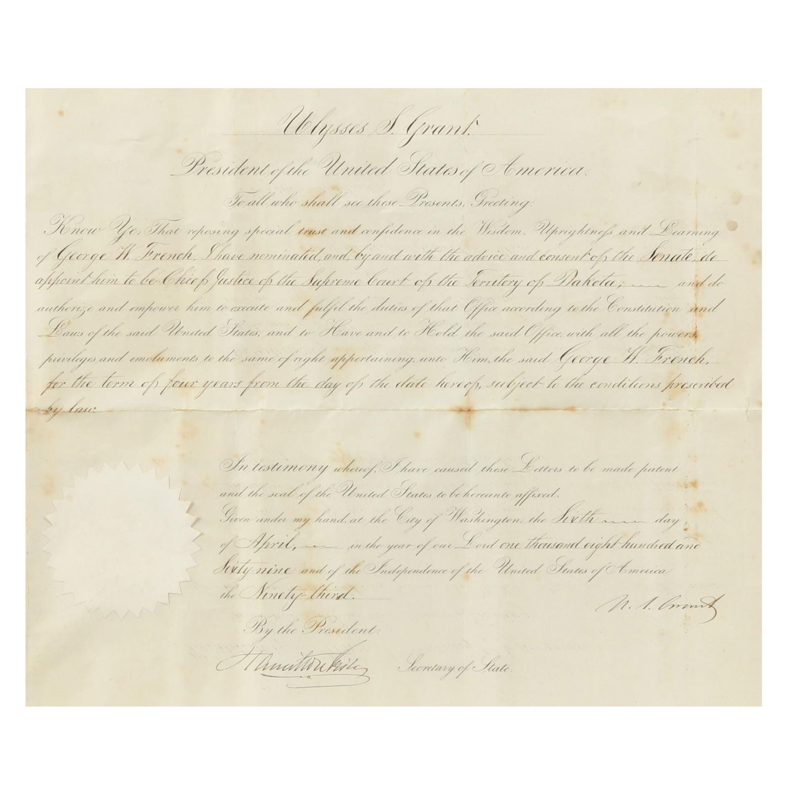 PRESIDENT U.S. GRANT SIGNED