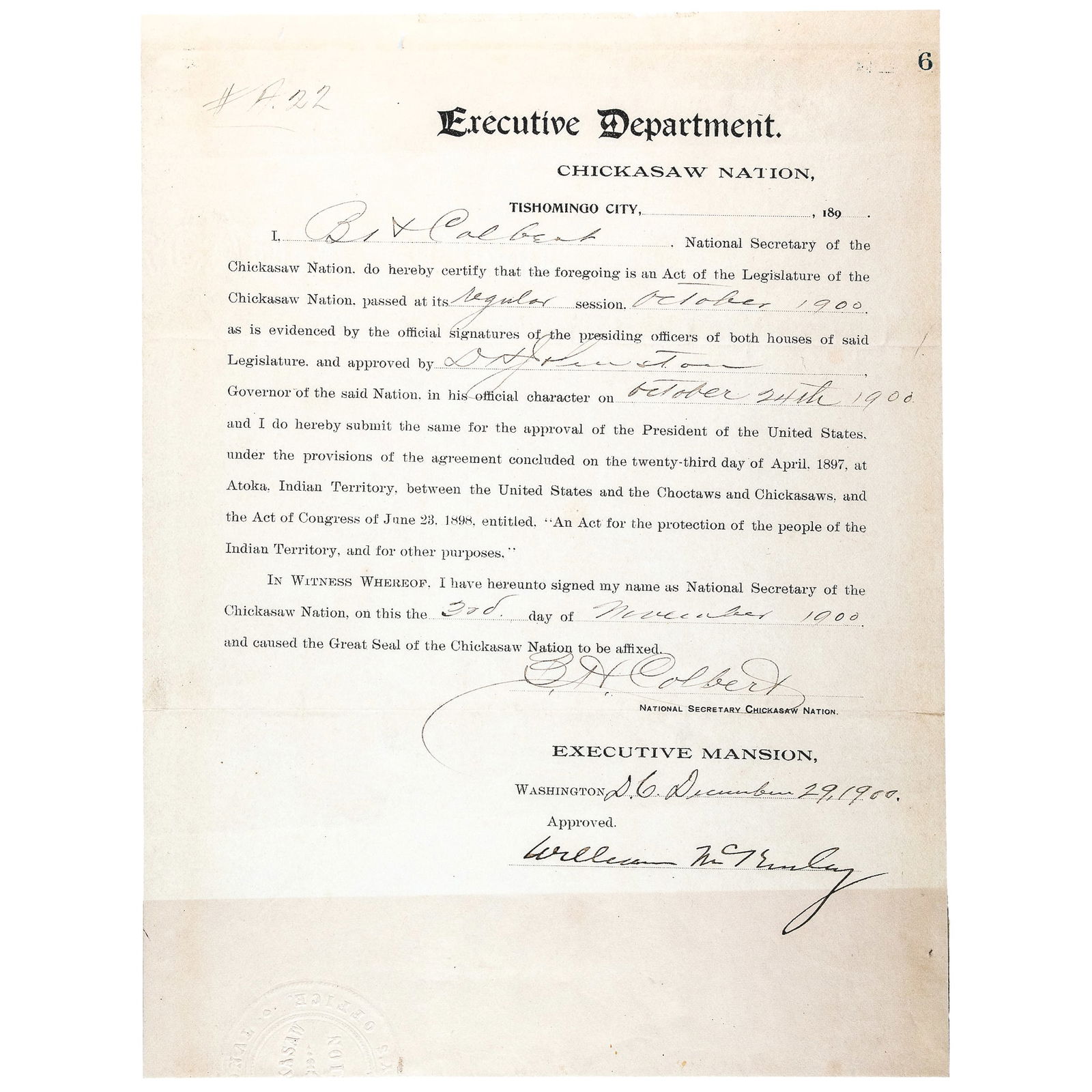 PRESIDENT WILLIAM MCKINLEY SIGNED