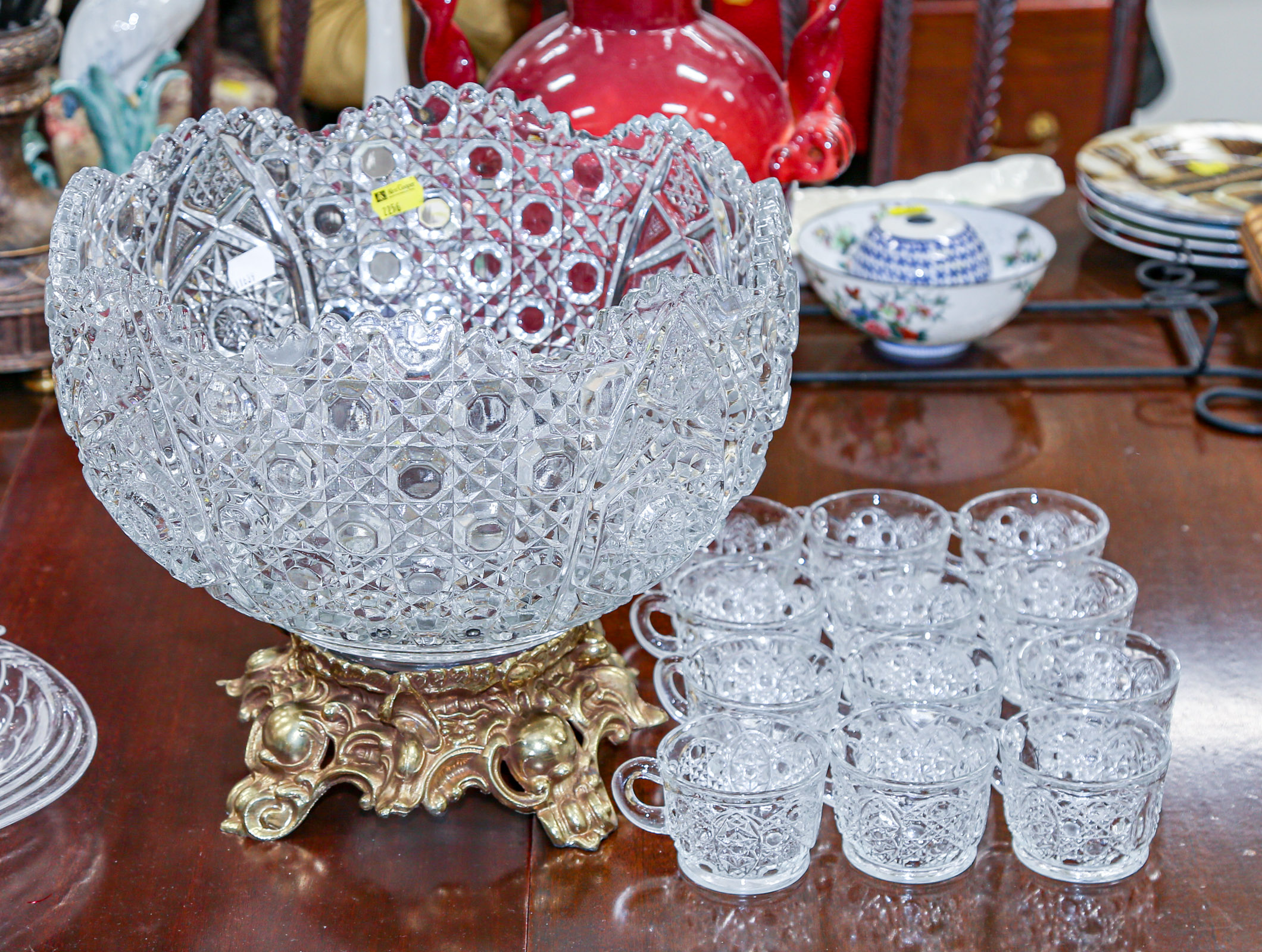 PRESSED GLASS PUNCH BOWL ON METAL