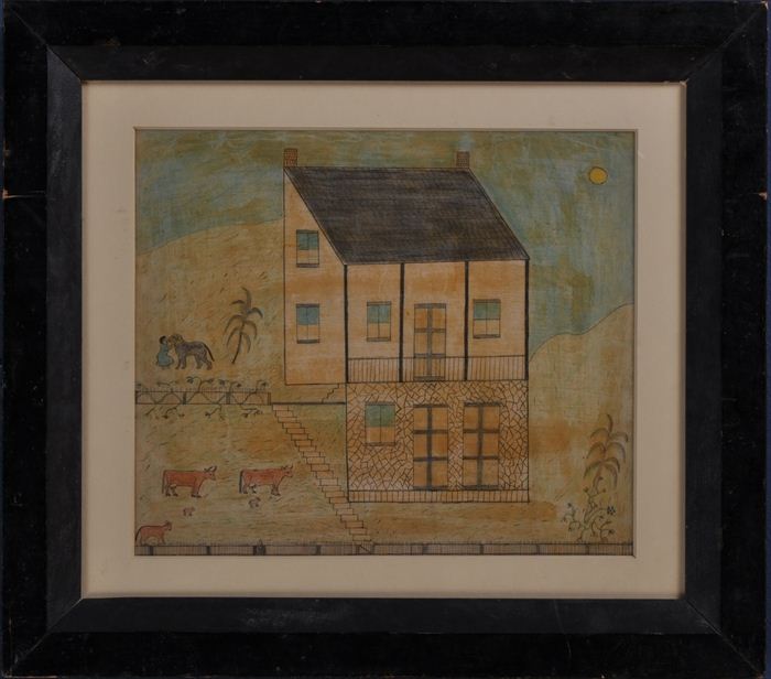 PRIMITIVE FARM SCENE Watercolor and