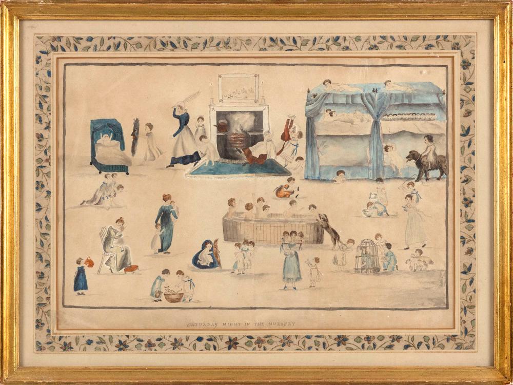 PRIMITIVE WATERCOLOR "SATURDAY