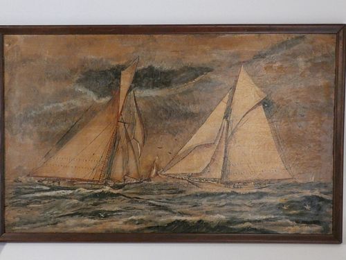 PRIMITIVE YACHT RACE PAINTING19th