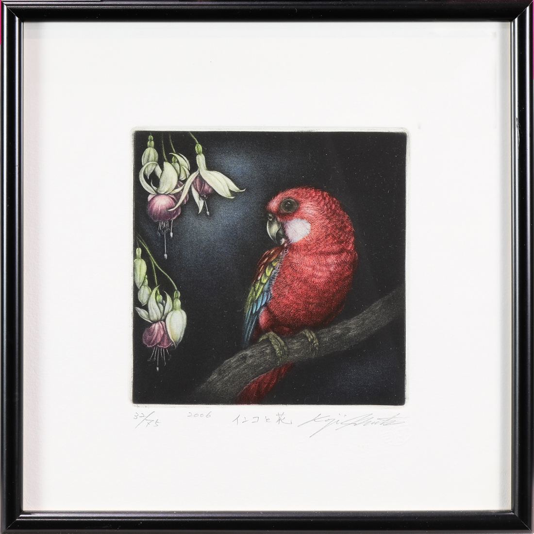 PRINT, PARAKEET AND FLOWERS