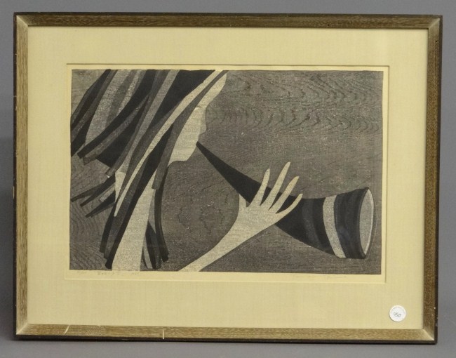 Print woman blowing horn signed and