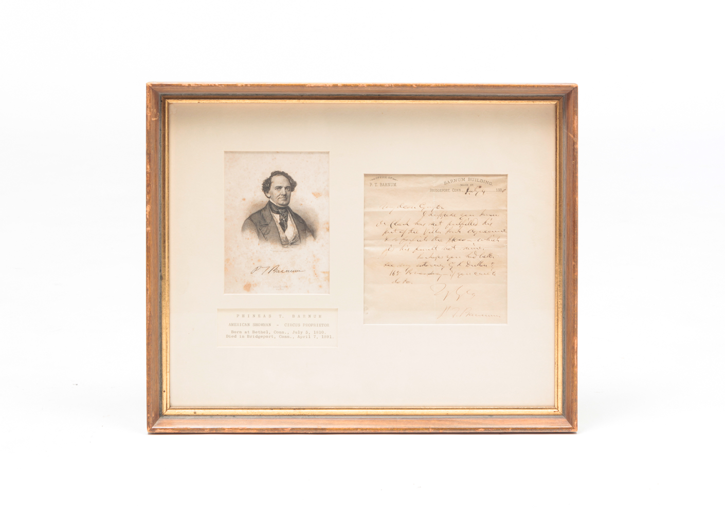 P.T. BARNUM SIGNED LETTER. Pen