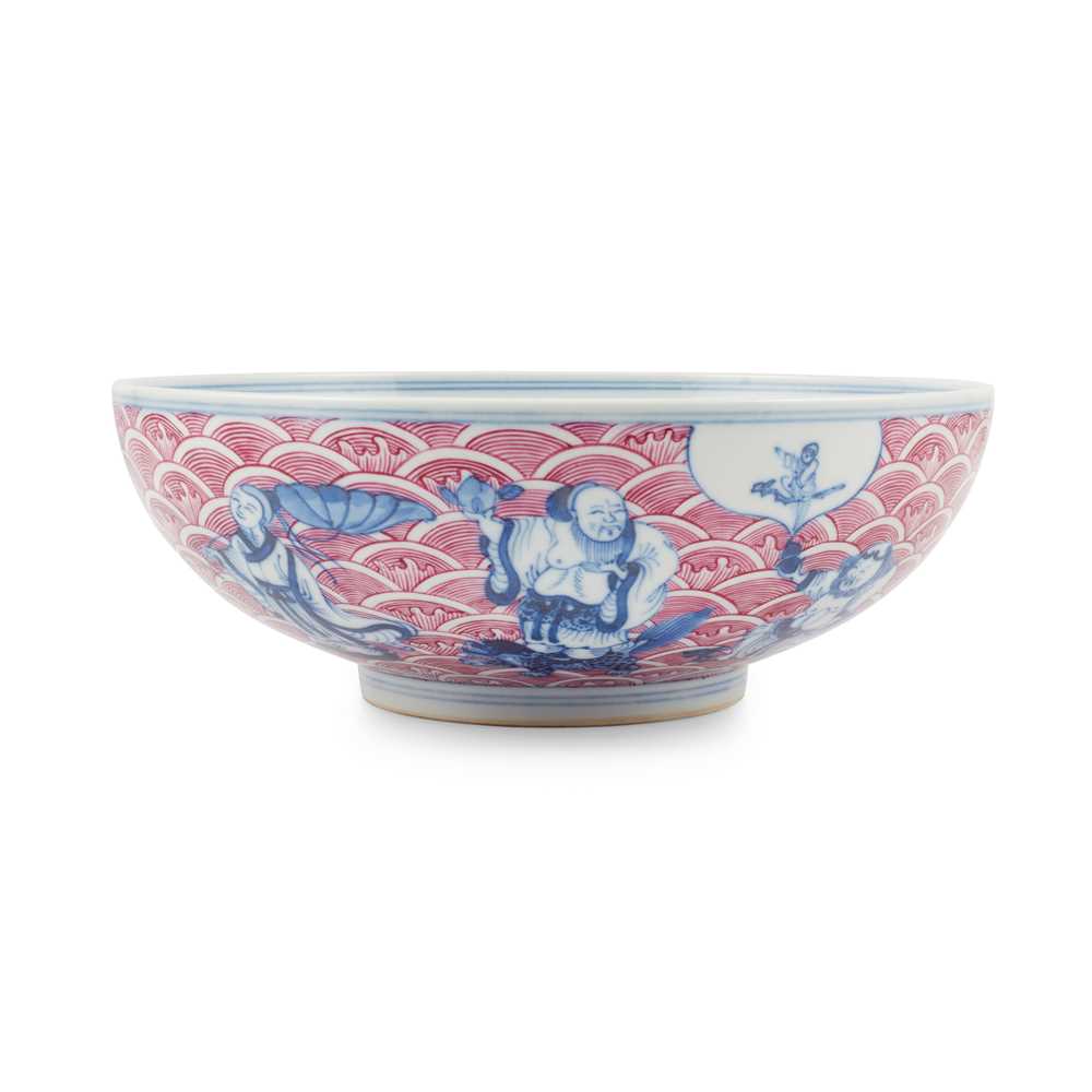 PUCE-ENAMELED BLUE AND WHITE BOWL