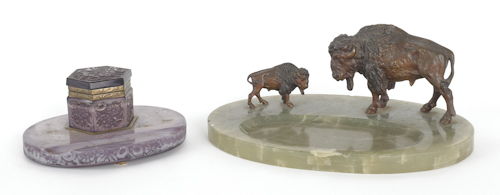 Purple glass inkwell 7" w. together