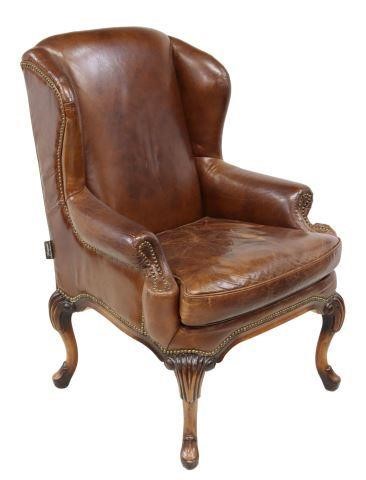 QUEEN ANNE STYLE BROWN LEATHER