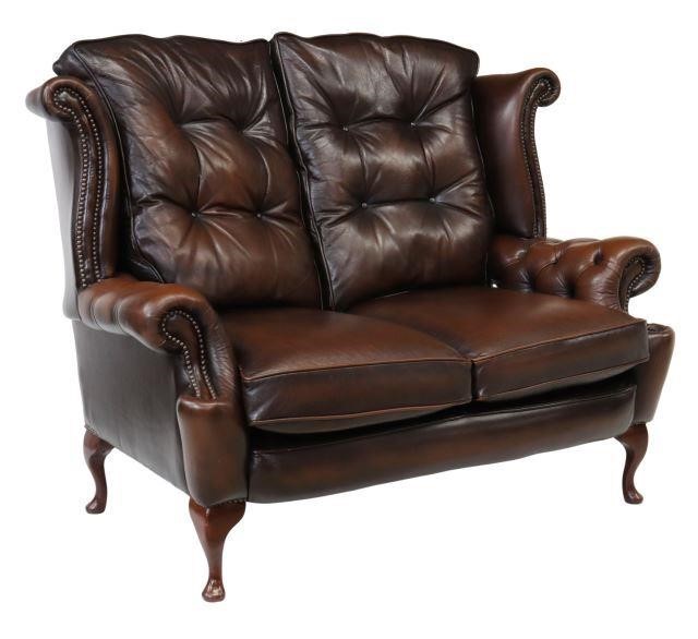 QUEEN ANNE STYLE BROWN LEATHER