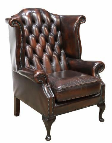 QUEEN ANNE STYLE BROWN LEATHER