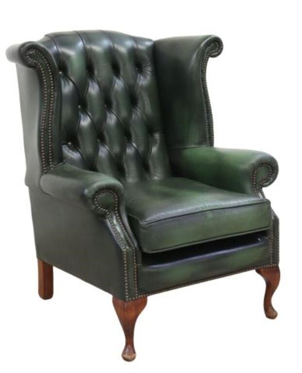 QUEEN ANNE STYLE GREEN LEATHER